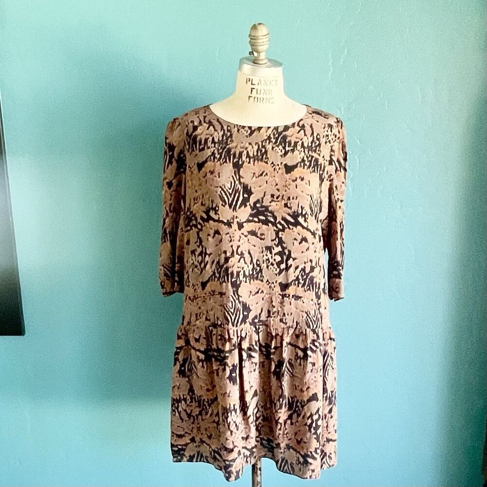 Aryn K Sheath Dress Women Silk L Beige Black Animal Print 3/4 Sleeve Knee Length